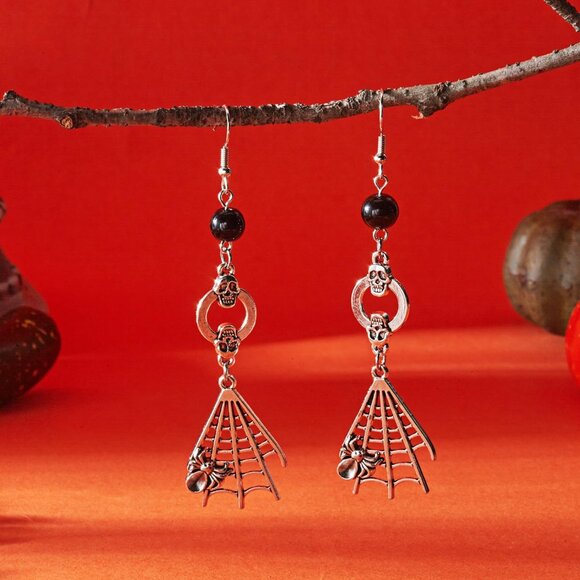 Women's Silver Halloween Skeleton Spider Pumpkin Party Ghost Dangle Earrings - Picture 6 of 7